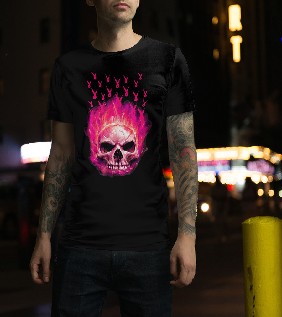 Halloween Skull Flaming Pink Ribbon Breast Cancer Awareness T-Shirt