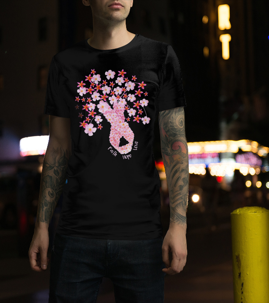 Faith Hope Love Breast Cancer Ribbon Floral Blossoms T-Shirt