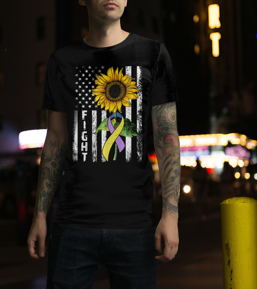 USA Flag Sunflower Fight Ribbon Bladder Cancer T-Shirt
