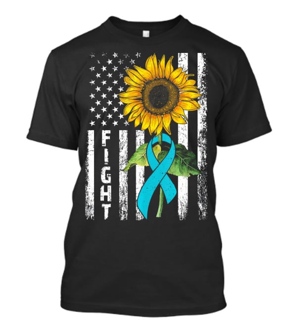 America Flag Sunflower Teal Ribbon Ovari Fight T-Shirt