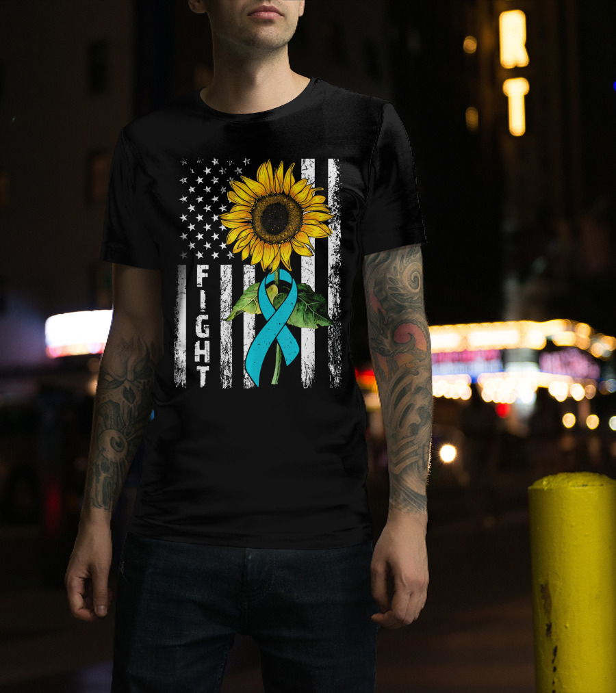America Flag Sunflower Teal Ribbon Ovari Fight T-Shirt
