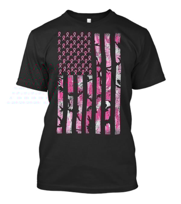 Breast Cancer Awareness Survivor Pink Ribbon American Flag Camo T-Shirt