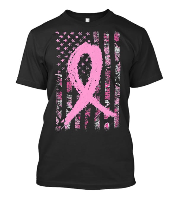 Pink Breast Cancer Ribbon Camouflage American Flag T-Shirt
