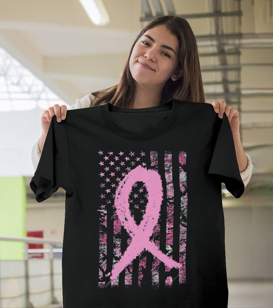 Pink Breast Cancer Ribbon Camouflage American Flag T-Shirt