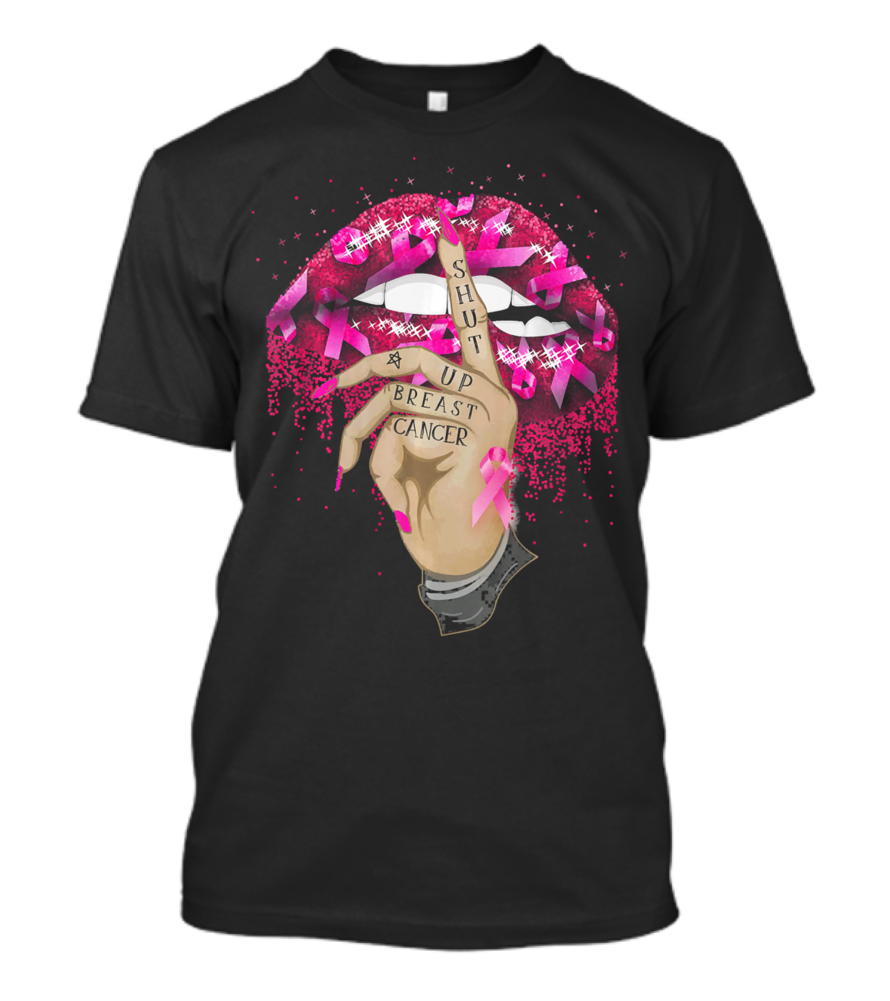 Shut Up Breast Cancer Pink Lips And Finger Tattoo With Ribbons T-Shirt