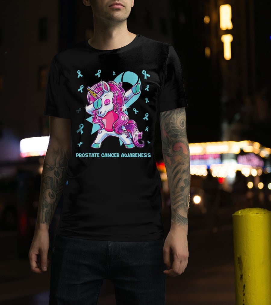 Unicorn Dabbing Prostate Cancer Awareness Ribbons T-Shirt