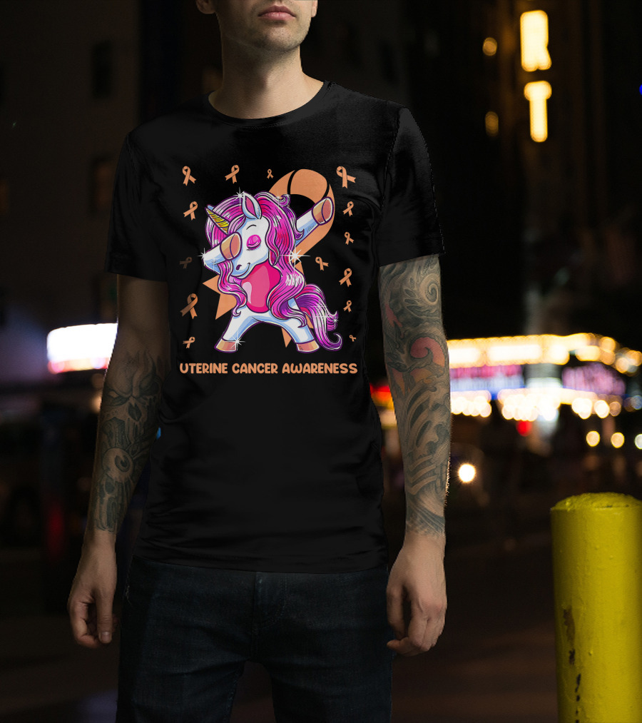 Dabbing Unicorn With Pink Ribbon For Uterine Cancer Awareness T-Shirt
