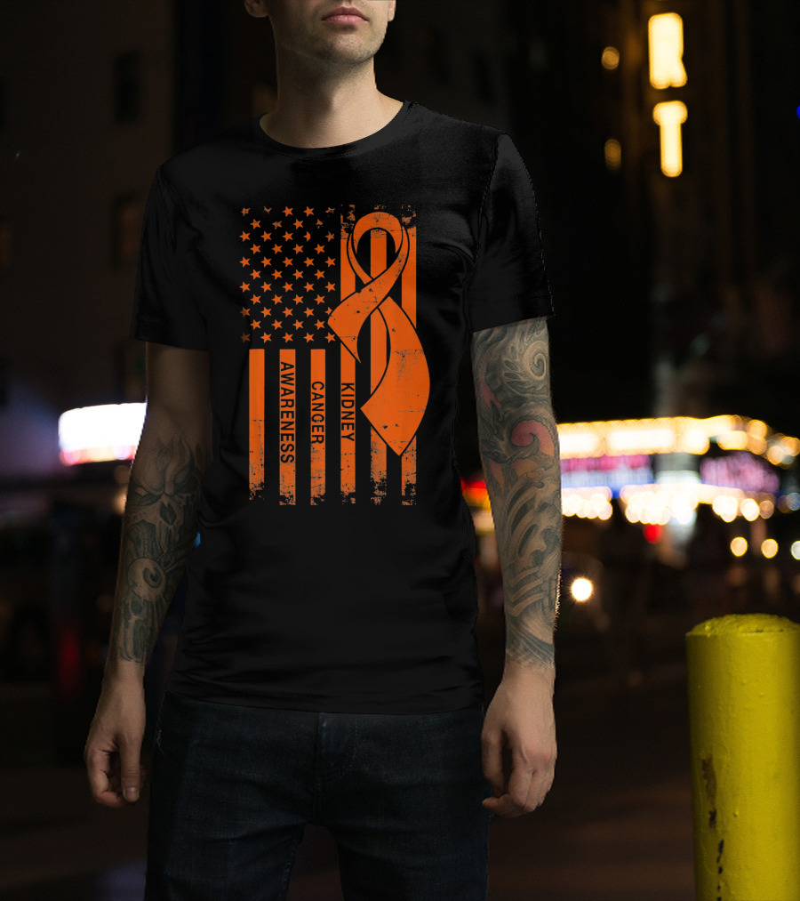 Kidney Cancer Awareness Orange Ribbon American Flag T-Shirt