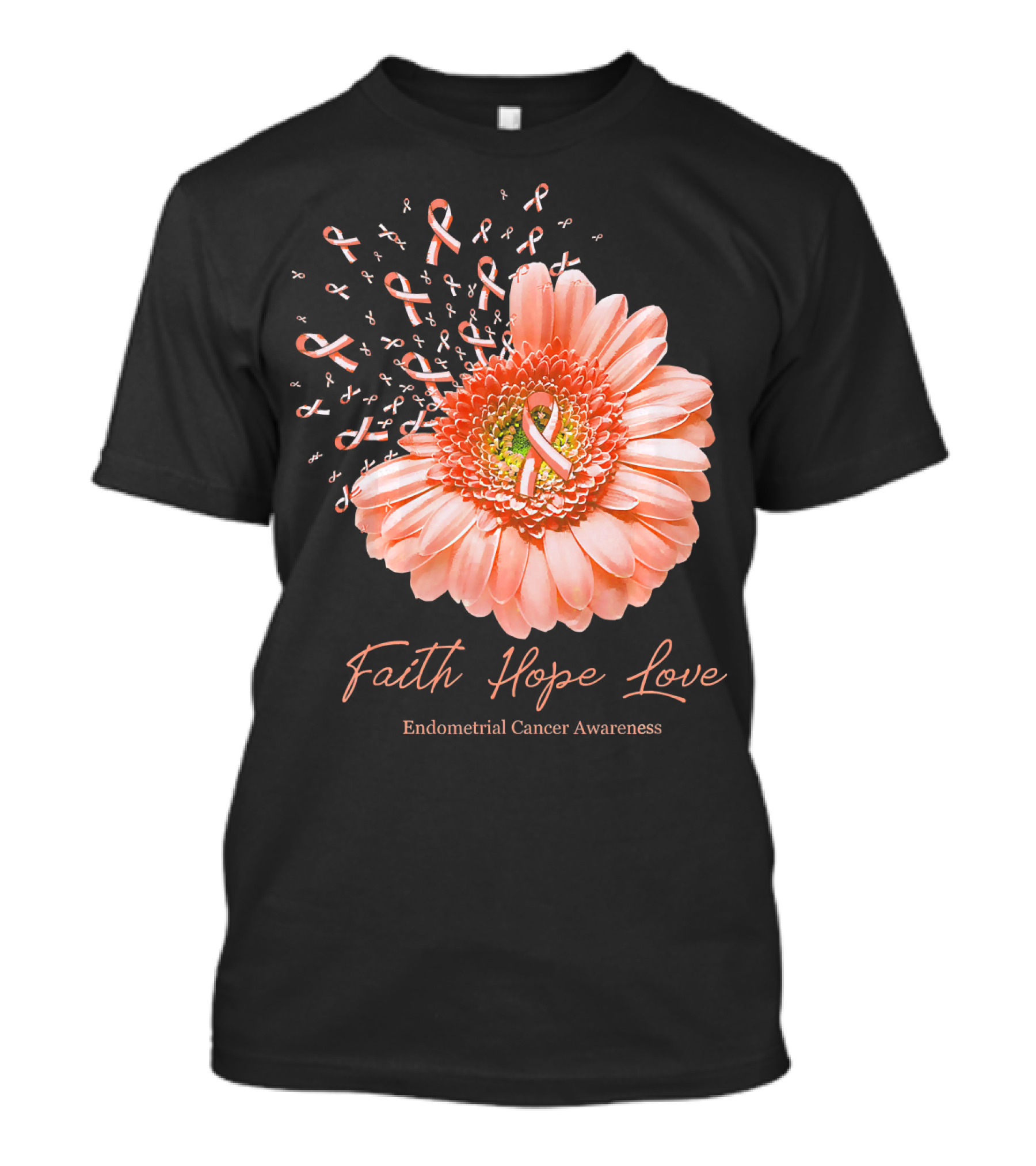 Faith Hope Love Endometrial Cancer Awareness Pink Ribbon Flower T-Shirt