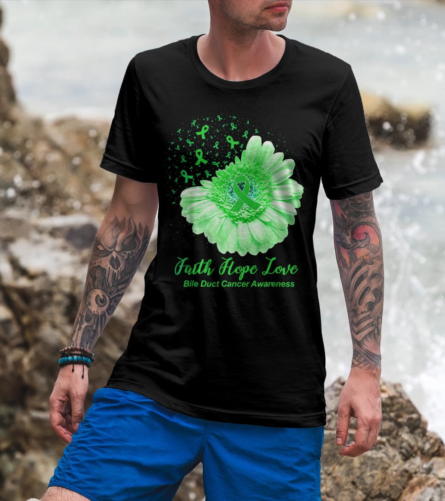 Faith Hope Love Bile Duct Cancer Awareness Flower T-Shirt