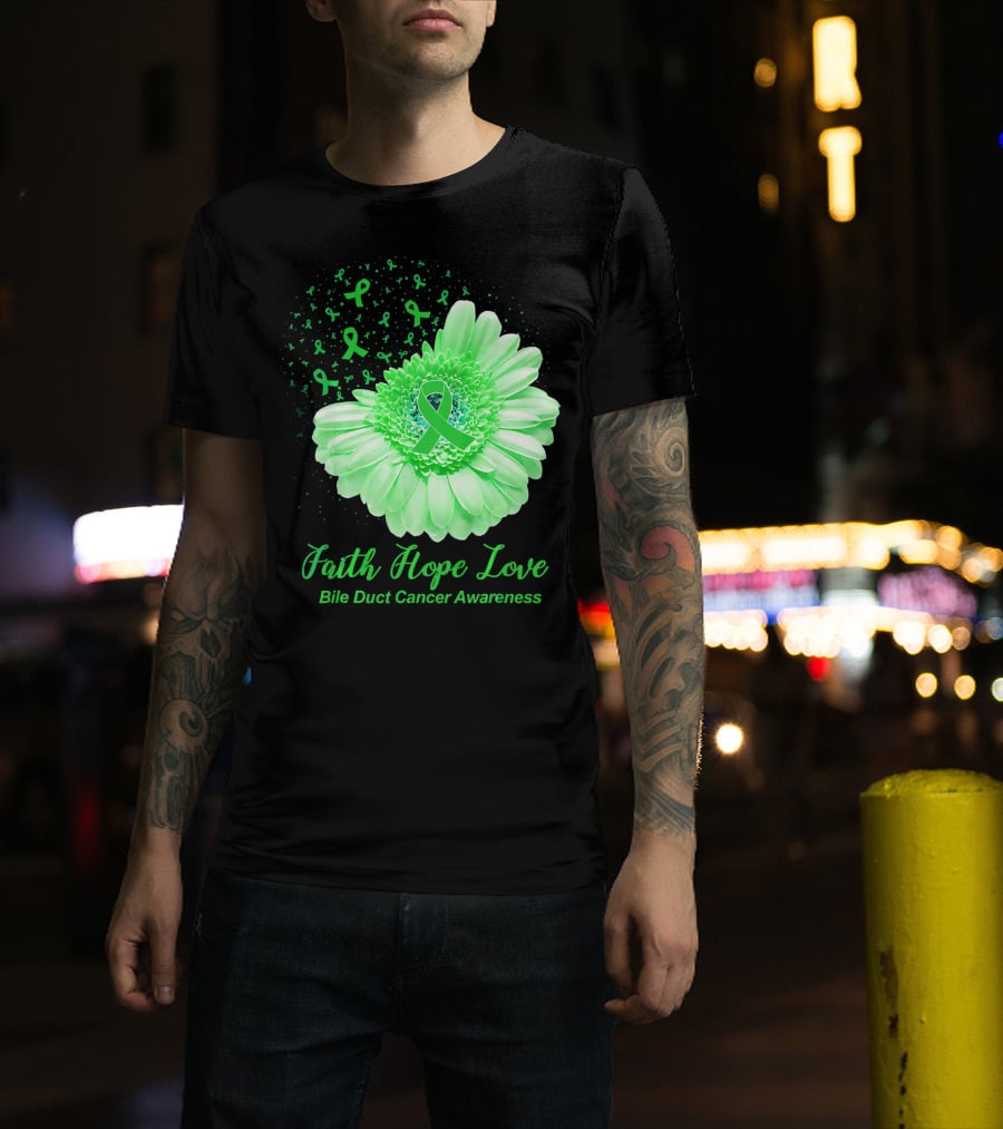 Faith Hope Love Bile Duct Cancer Awareness Flower T-Shirt