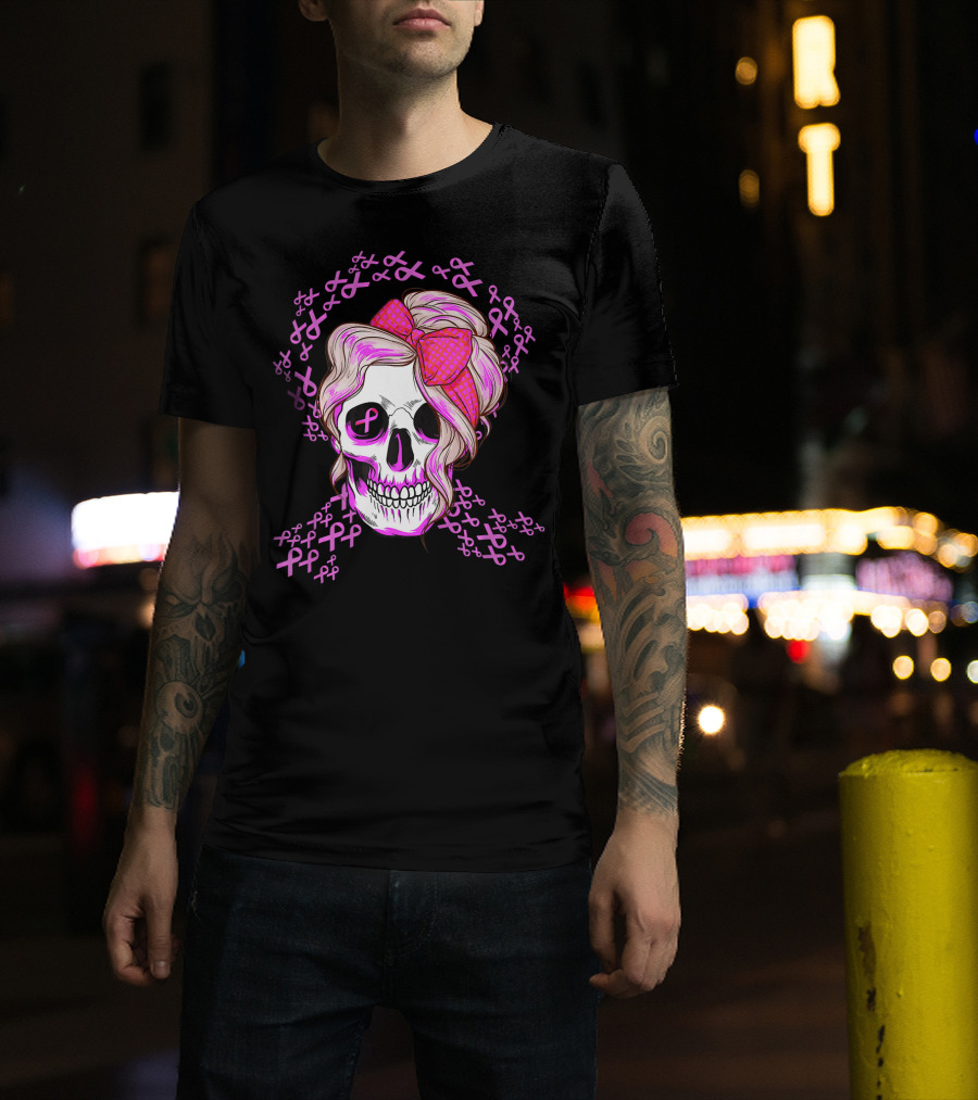 Sugar Skull Pink Ribbon Breast Cancer Awareness T-Shirt
