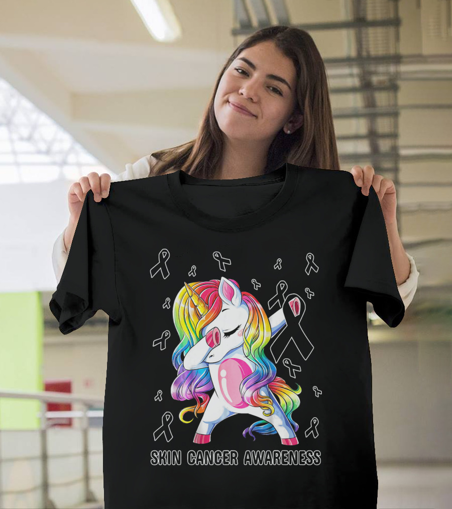 Skin Cancer Awareness Unicorn Dabbing with Ribbons T-Shirt