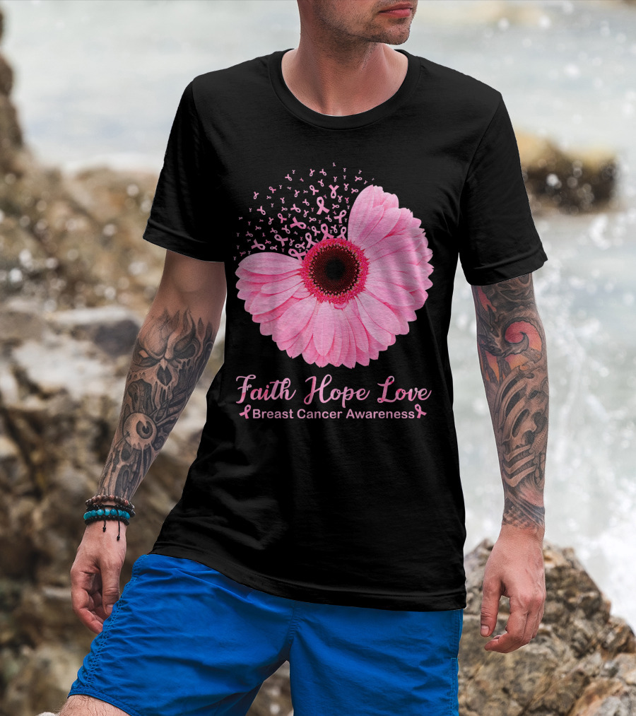 Faith Hope Love Breast Cancer Awareness Pink Ribbon Blossoms T-Shirt