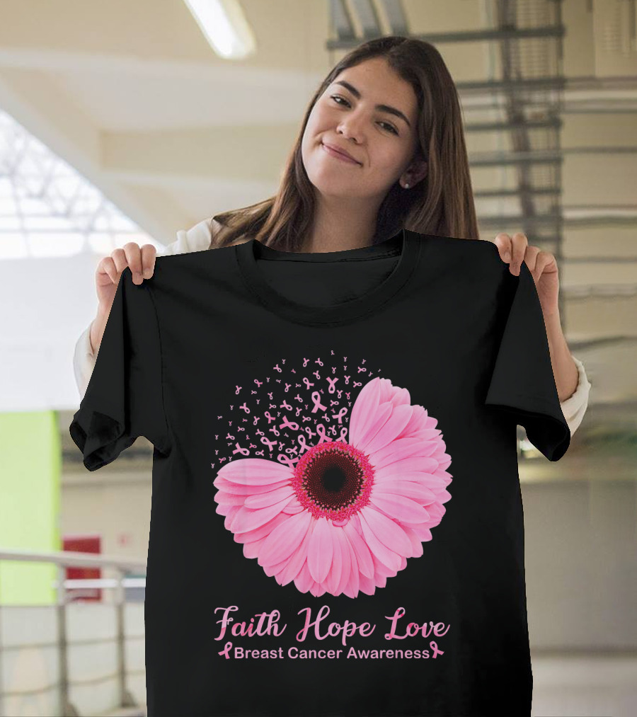 Faith Hope Love Breast Cancer Awareness Pink Ribbon Blossoms T-Shirt