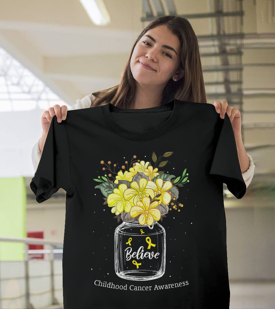 Believe Yellow Ribbon Childhood Cancer Awareness Flower Bouquet T-Shirt