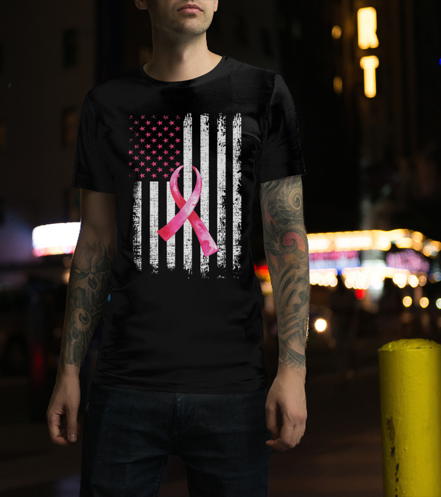 Breast Cancer Awareness Pink Ribbon American Flag Fight T-Shirt