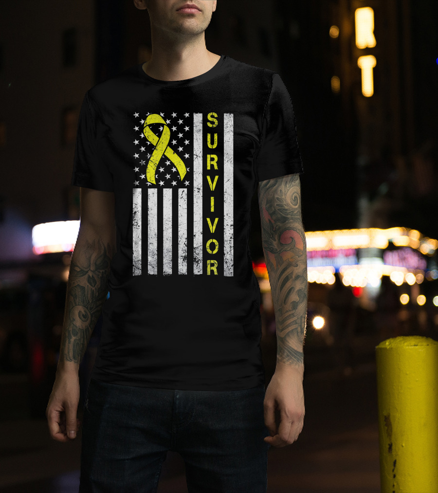 Survivor Yellow Ribbon USA Flag Childhood Cancer Awareness T-Shirt