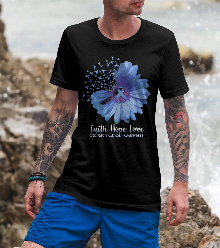 Faith Hope Love Stomach Cancer Awareness Blue Flower T-Shirt