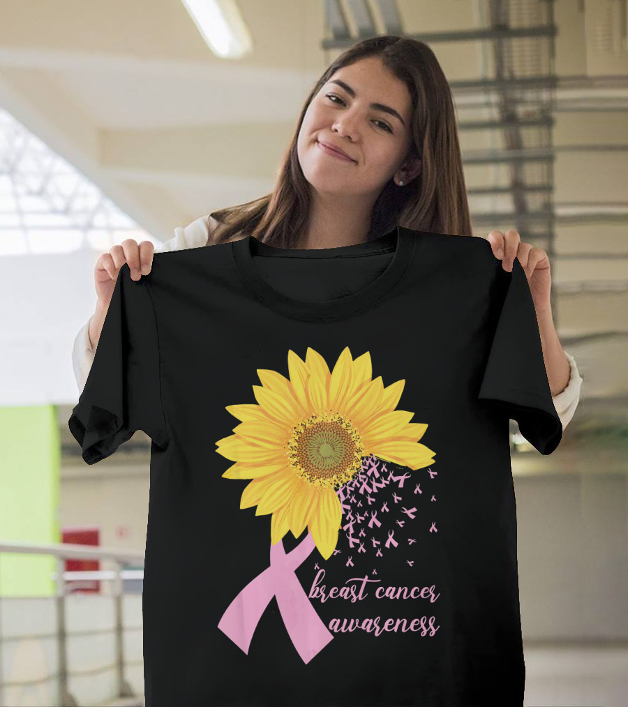 Breast Cancer Awareness Sunflower Pink Ribbon T-Shirt