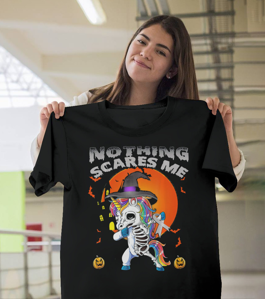 Nothing Scares Me Brain Cancer Dabbing Unicorn Skeleton T-Shirt