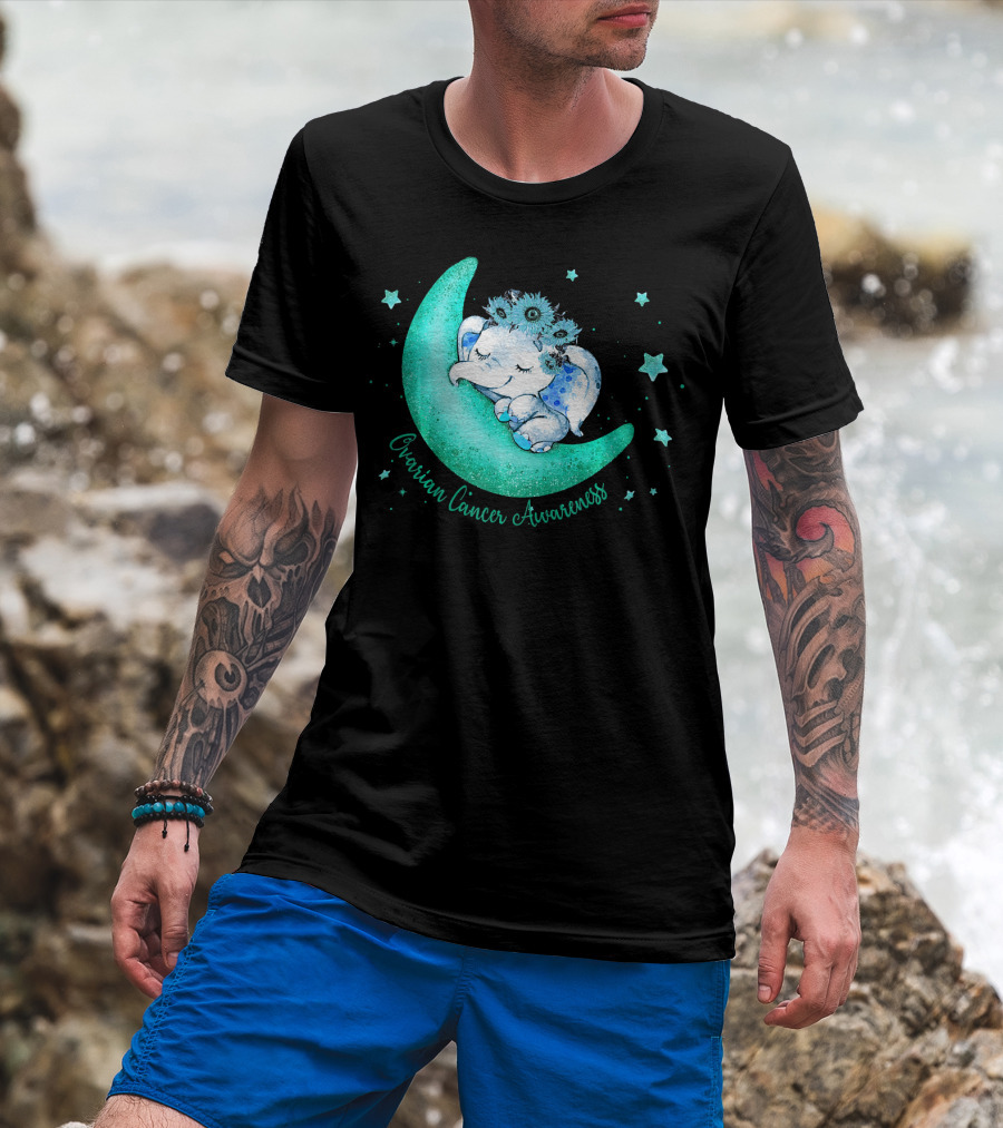 Ovarian Cancer Awareness Cute Elephant On The Moon T-Shirt