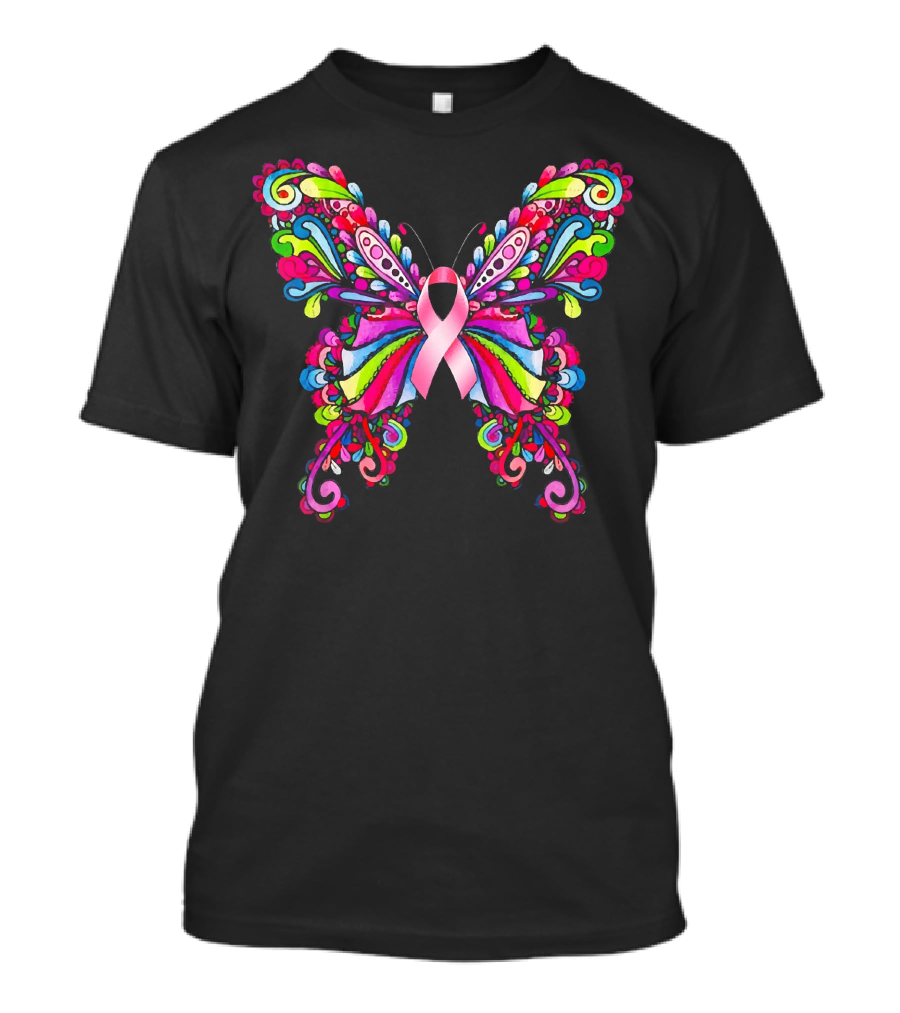 Colorful Hippie Butterfly Breast Cancer Awareness T-Shirt