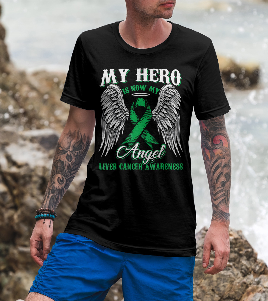 My Hero Is Now My Angel Liver Cancer Awareness Ribbon Wings Halo T-Shirt