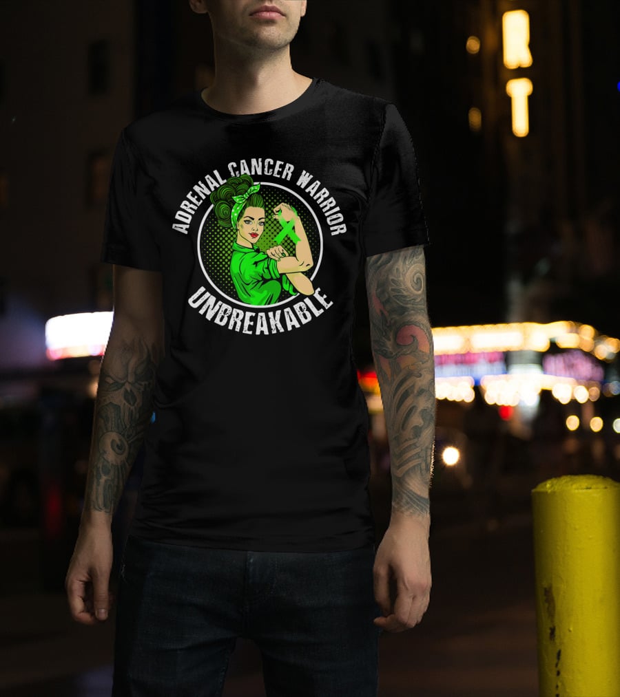 Adrenal Cancer Warrior Unbreakable Rosie The Riveter Green T-Shirt