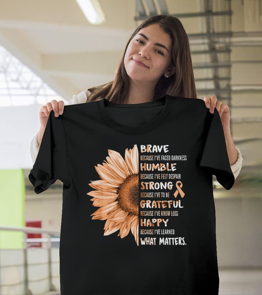 Brave Humble Strong Grateful Happy Sunflower Peach Ribbon Uterine Cancer T-Shirt