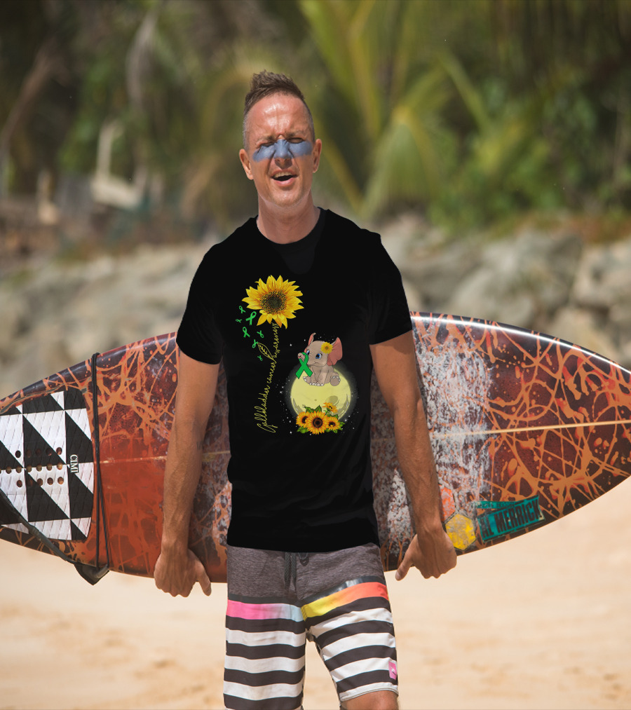 Gallbladder Cancer Awareness Elephant With Sunflowers And Green T-Shirt