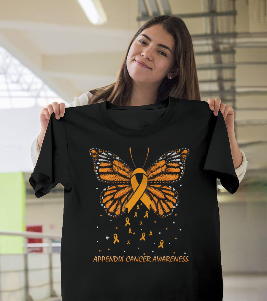Appendix Cancer Awareness Orange Ribbon Butterfly T-Shirt