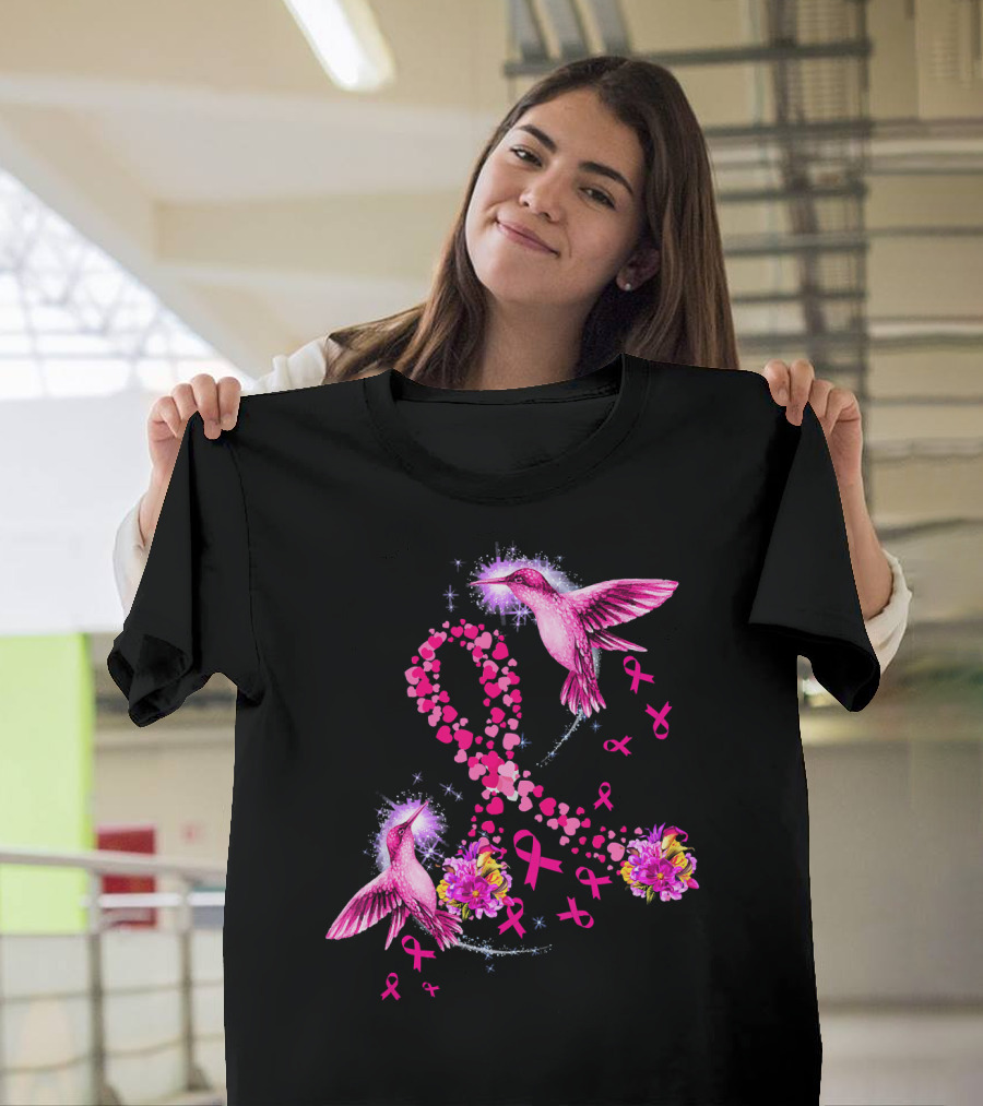 Hummingbird Heart Pink Ribbon Breast Cancer Awareness Flowers T-Shirt