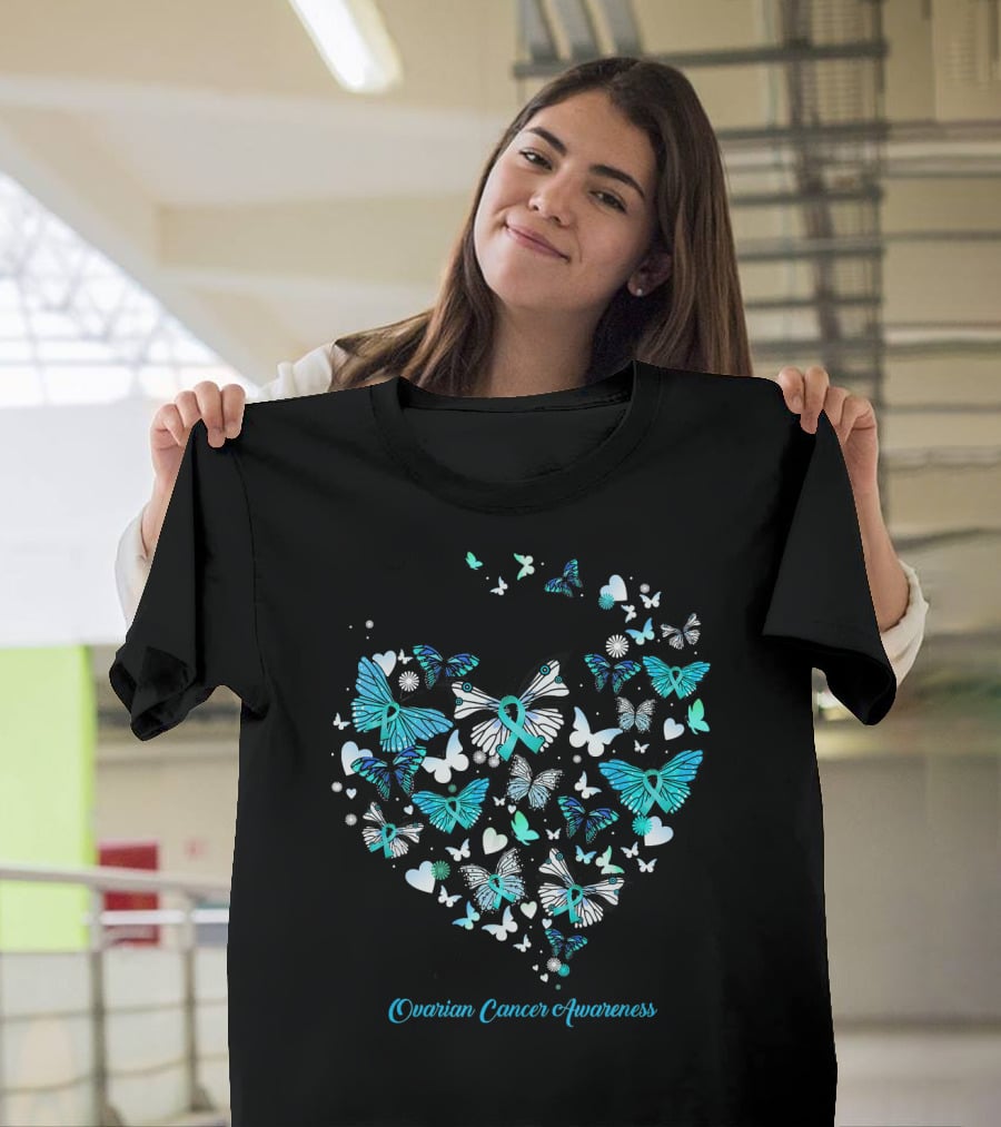 Ovarian Cancer Awareness Butterfly Heart T-Shirt