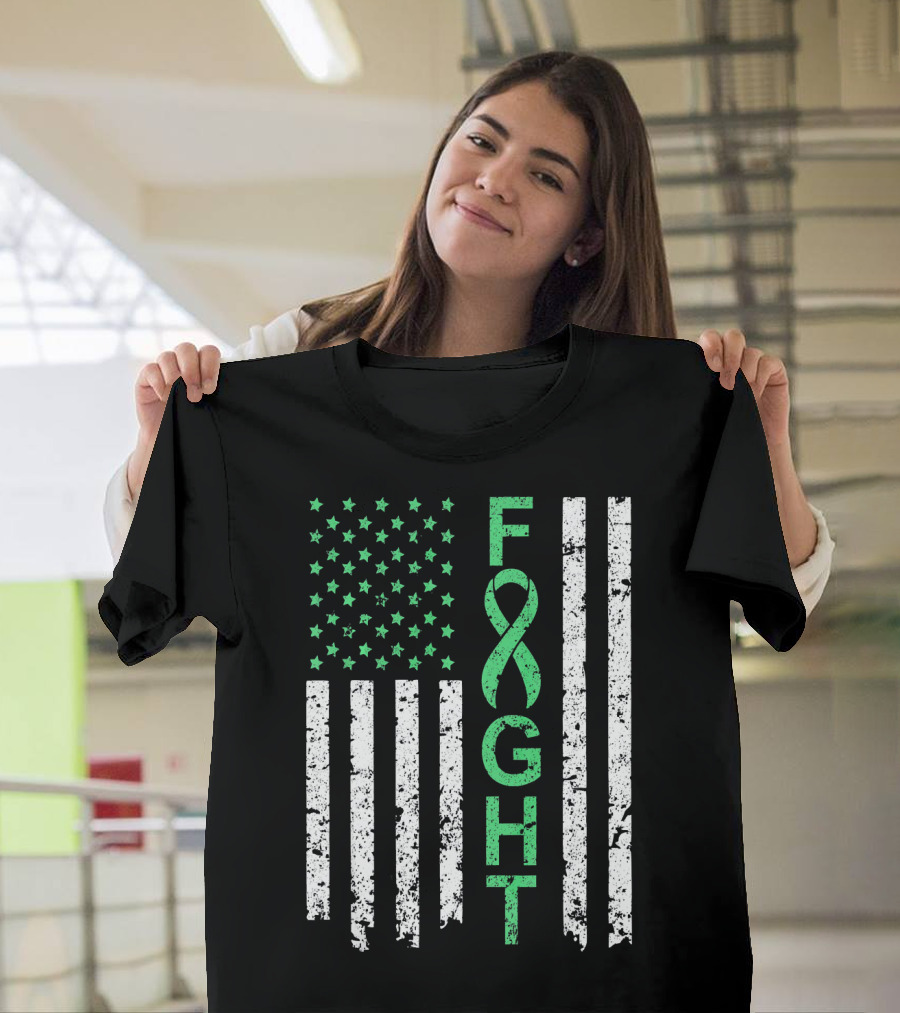 Liver Cancer Awareness Green Ribbon Fight American Flag T-Shirt