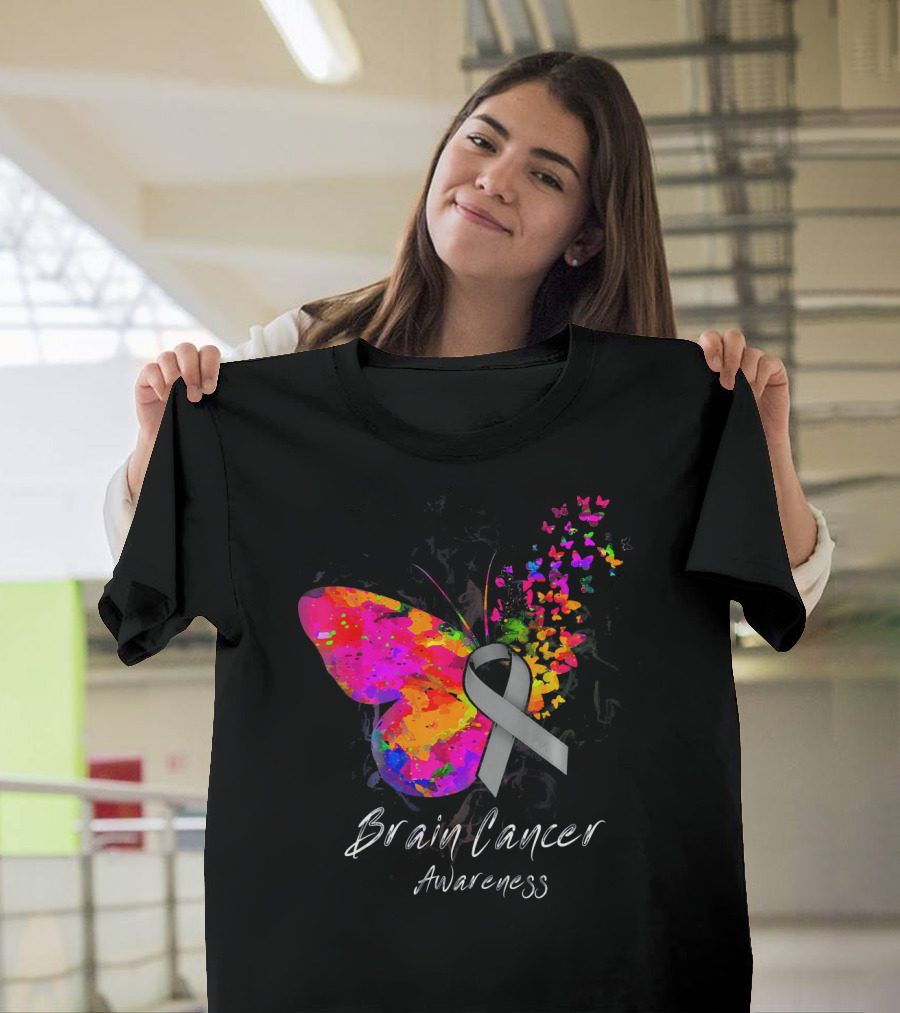 Brain Cancer Awareness Butterfly with Gray Ribbon and Colorful Wing Motif T-Shirt
