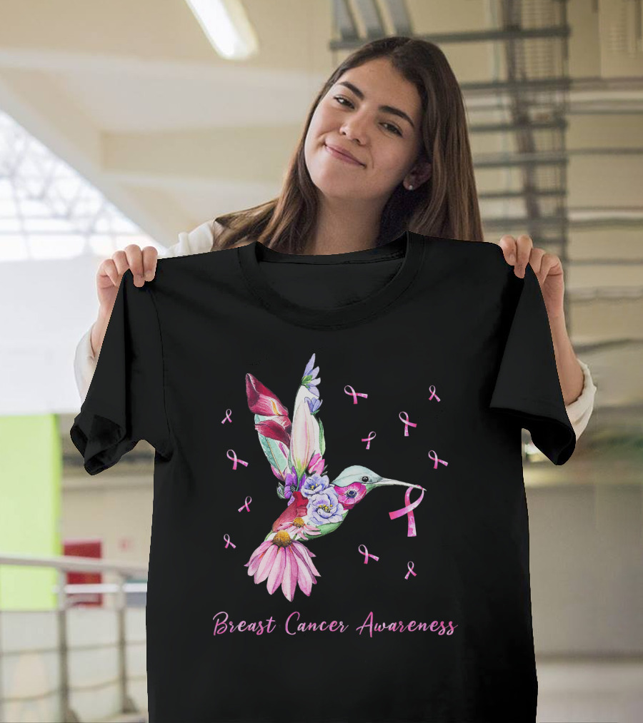 Breast Cancer Awareness Pink Ribbon Flower Hummingbird T-Shirt