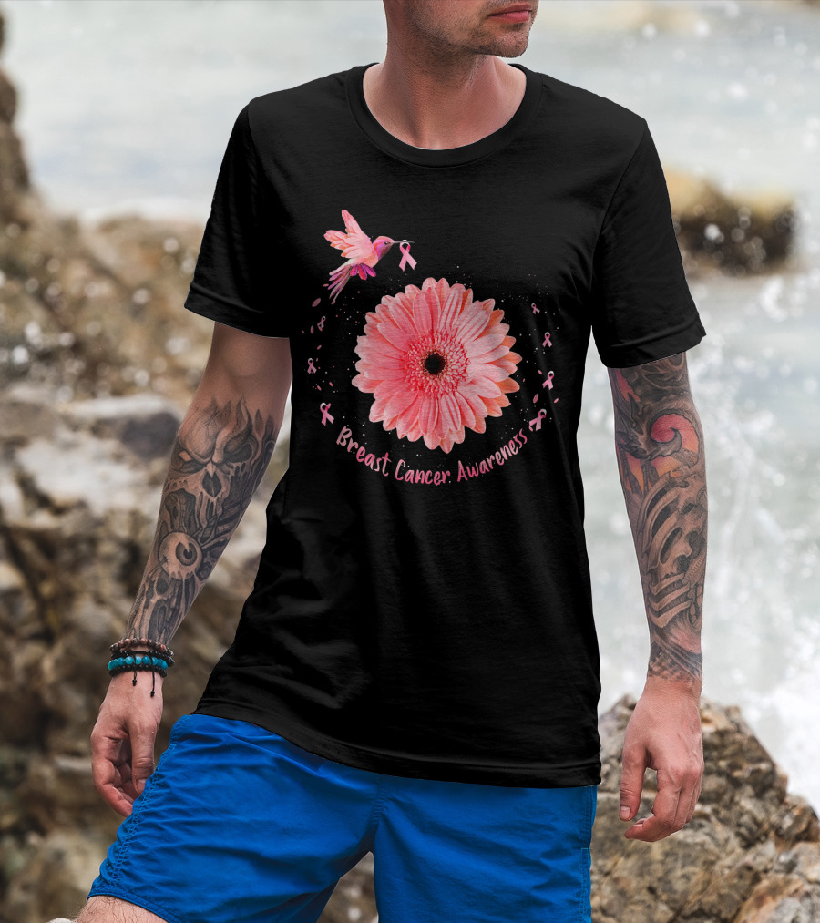 Hummingbird Pink Ribbon Breast Cancer Awareness Sunflower T-Shirt