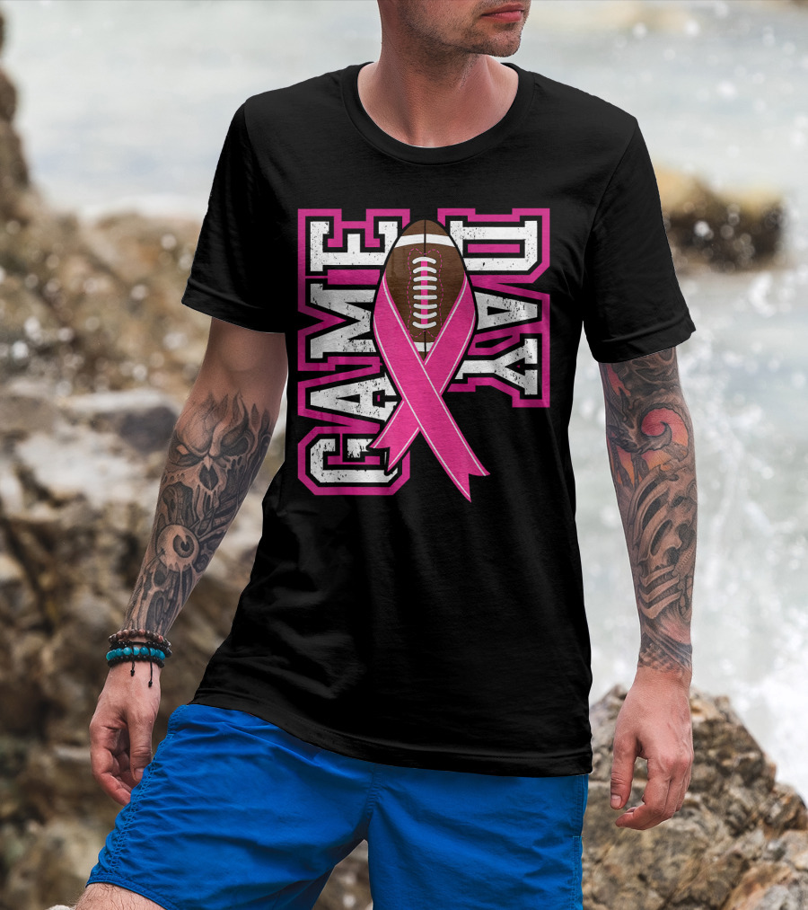 Game Day Breast Cancer Awareness Pink Ribbon Football T-Shirt