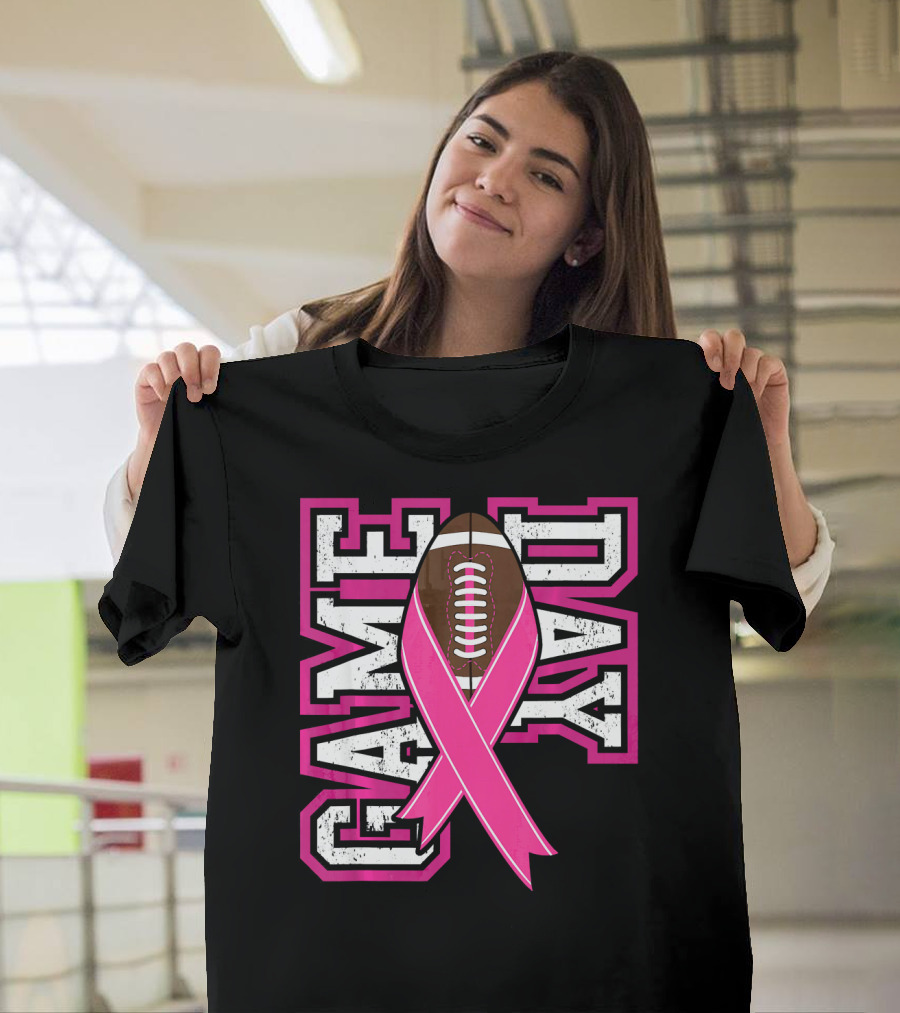 Game Day Breast Cancer Awareness Pink Ribbon Football T-Shirt