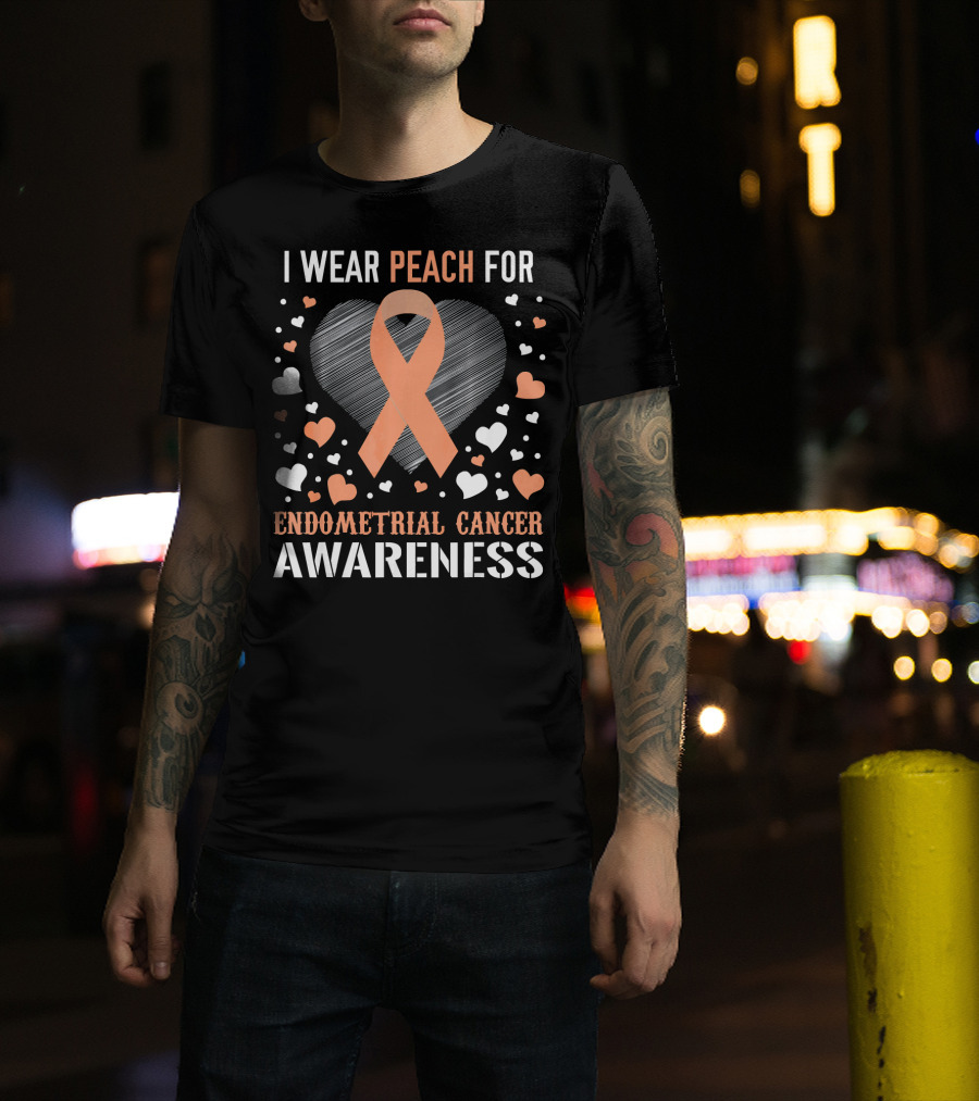 I Wear Peach For Endometrial Cancer Awareness Ribbon Heart T-Shirt