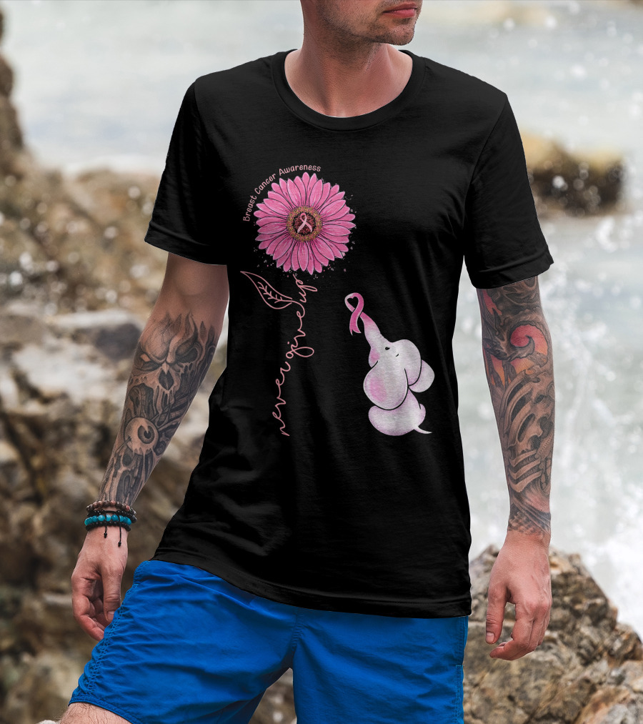 Breast Cancer Awareness Never Give Up Pink Ribbon Sunflower Elephant T-Shirt