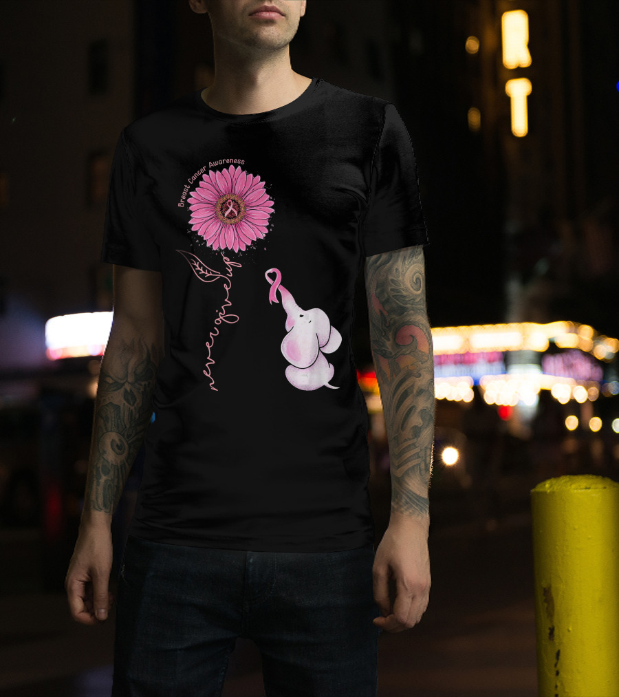 Breast Cancer Awareness Never Give Up Pink Ribbon Sunflower Elephant T-Shirt