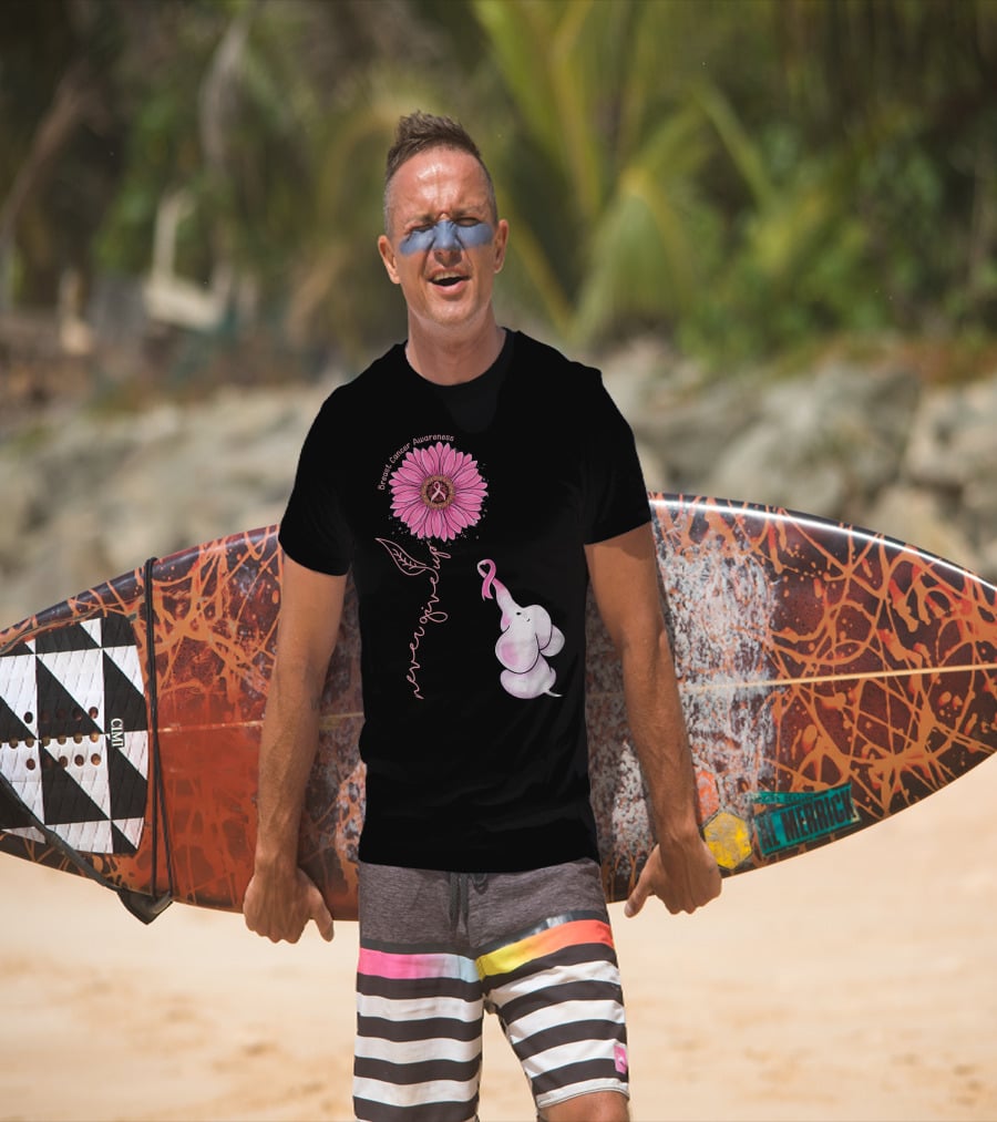 Breast Cancer Awareness Never Give Up Pink Ribbon Sunflower Elephant T-Shirt