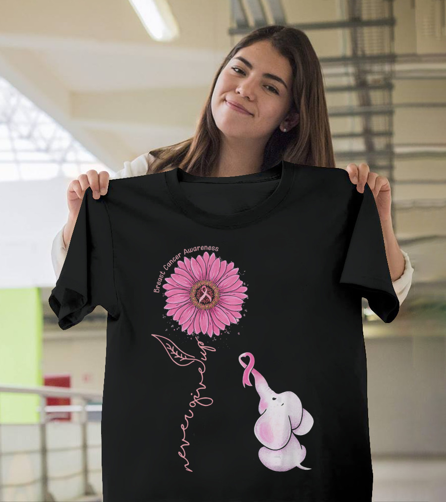 Breast Cancer Awareness Never Give Up Pink Ribbon Sunflower Elephant T-Shirt