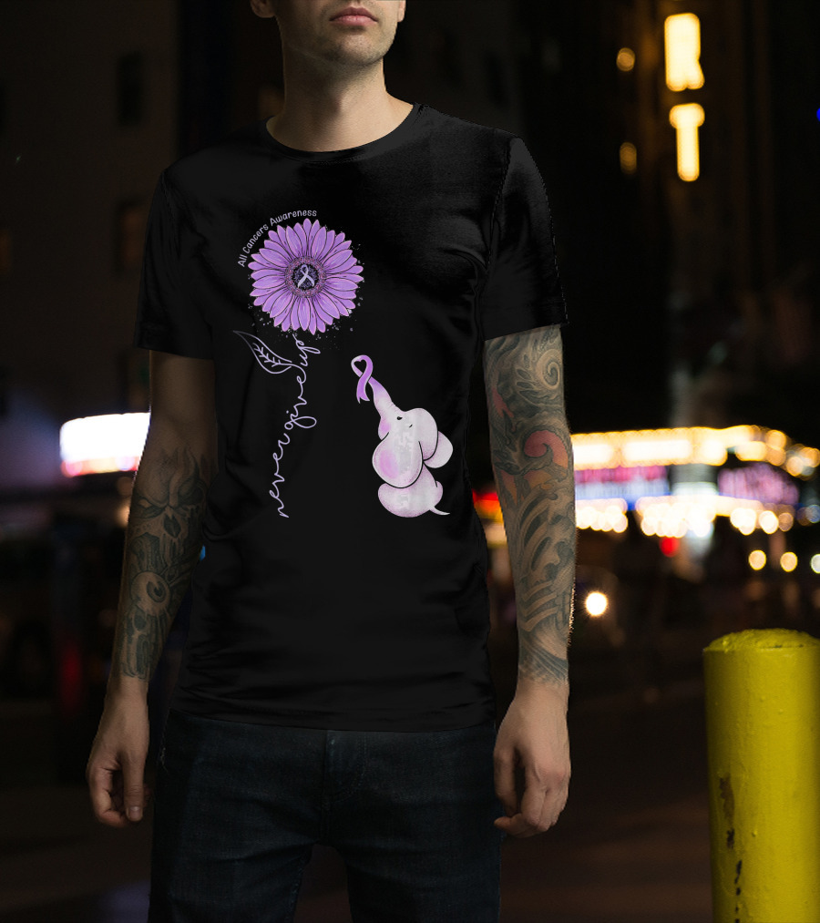 Never Giving Up All Cancers Awareness Sunflower Elephant T-Shirt