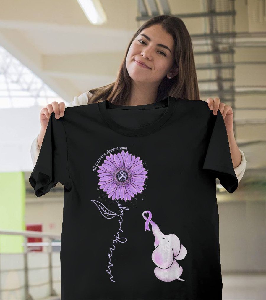 Never Giving Up All Cancers Awareness Sunflower Elephant T-Shirt