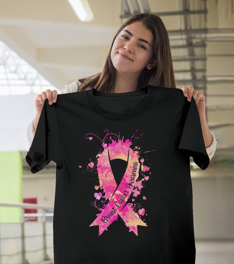 Breast Cancer Awareness Pink Ribbon Hearts And Splash T-Shirt