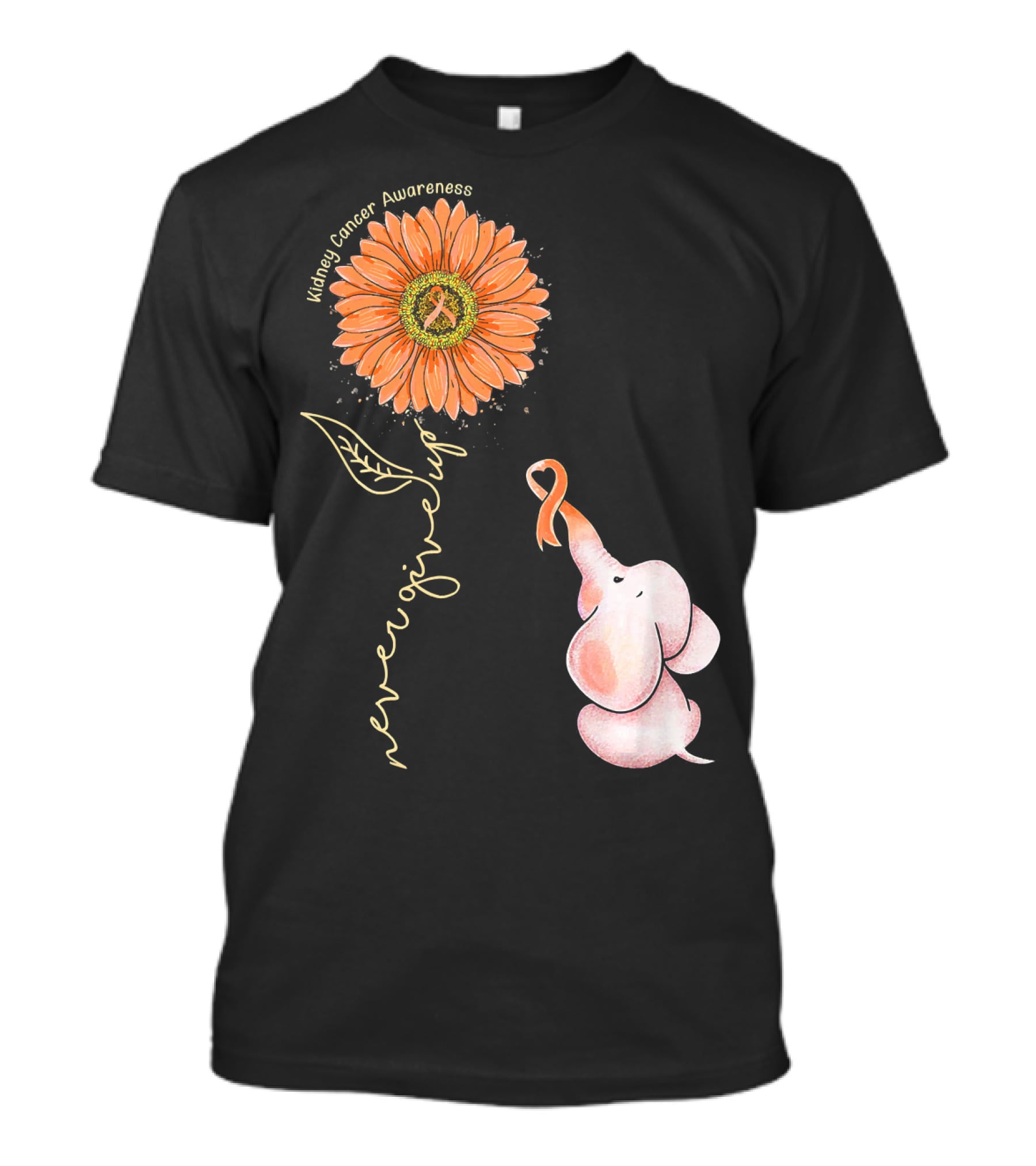 Kidney Cancer Awareness Sunflower Elephant Never Give Up T-Shirt