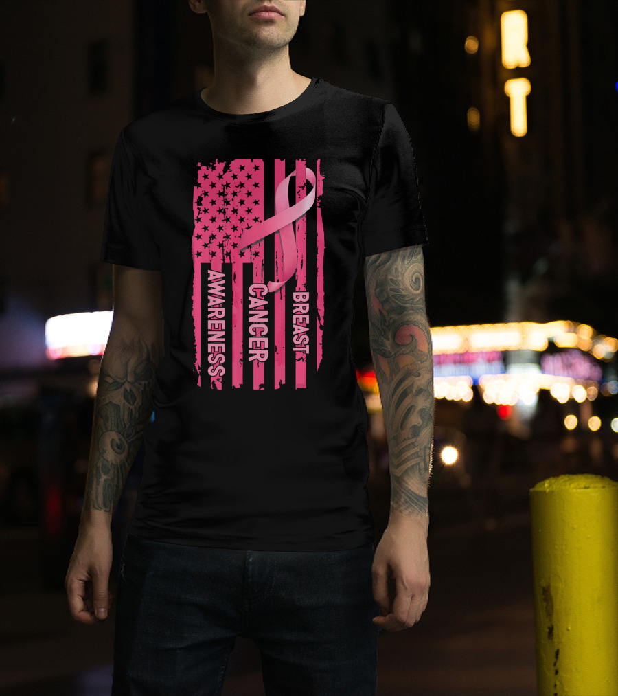 American Flag Pink Ribbon Breast Cancer Awareness T-Shirt
